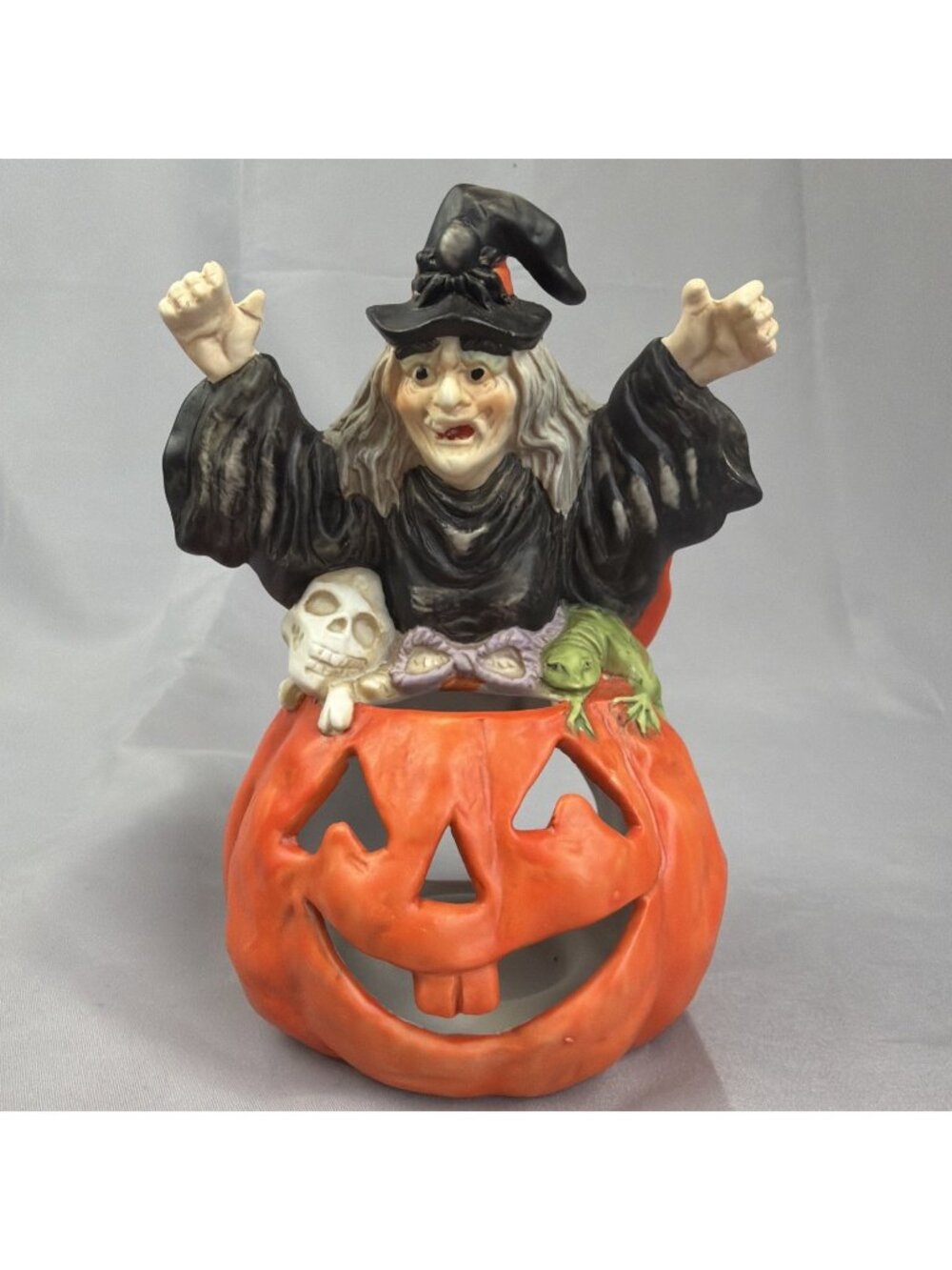 VTG Halloween Wicked Witch Jack-O-Lantern Candle Votive Holder Lizard Skull 7"
